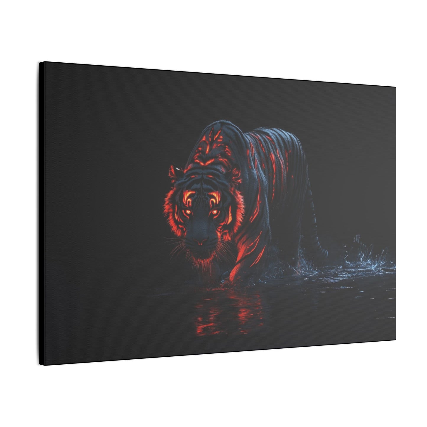 "Tiger with Glowing Red Stripes Wall Art on premium canvas, acrylic, and metal – front view featuring a majestic tiger with vibrant red stripes"