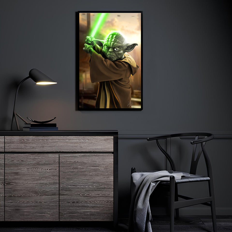 "Wisdom of the Force – Master Yoda Wall Art on canvas, acrylic, and metal – Yoda in a peaceful pose, radiating calm and focus."