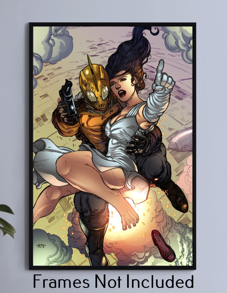 Mid-size 16x24 metal print inspired by Rocketeer-style adventure and comic romance
