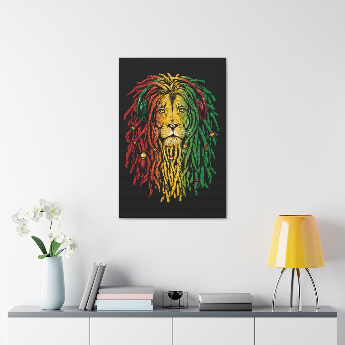 "Bob Marley-Inspired Lion Wall Art on canvas, acrylic, and metal – front view featuring reggae colors and dreadlock-style mane"