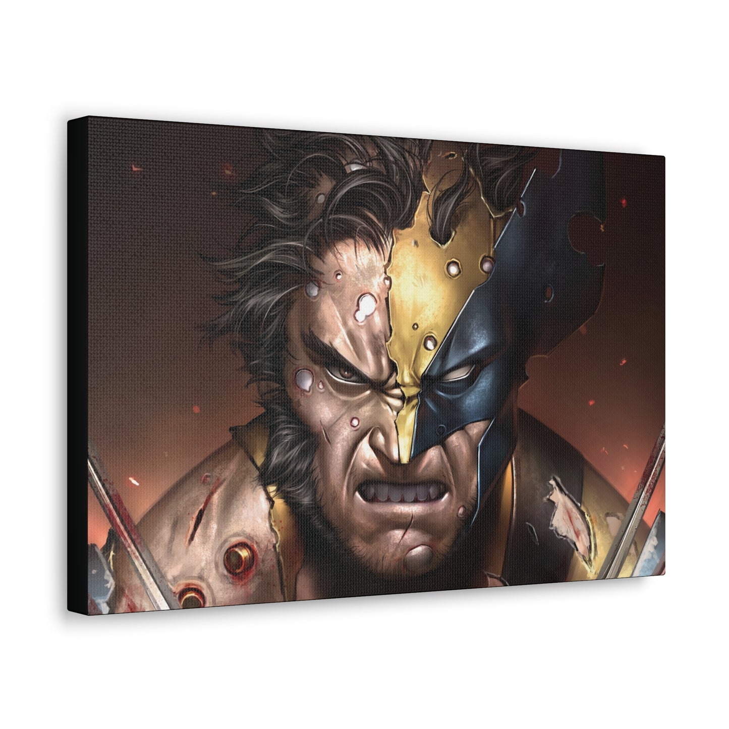 "Unbreakable Rage – Battle-Damaged Wolverine Wall Art on canvas, acrylic, and metal – front view featuring Wolverine in a torn costume, claws extended in fury."