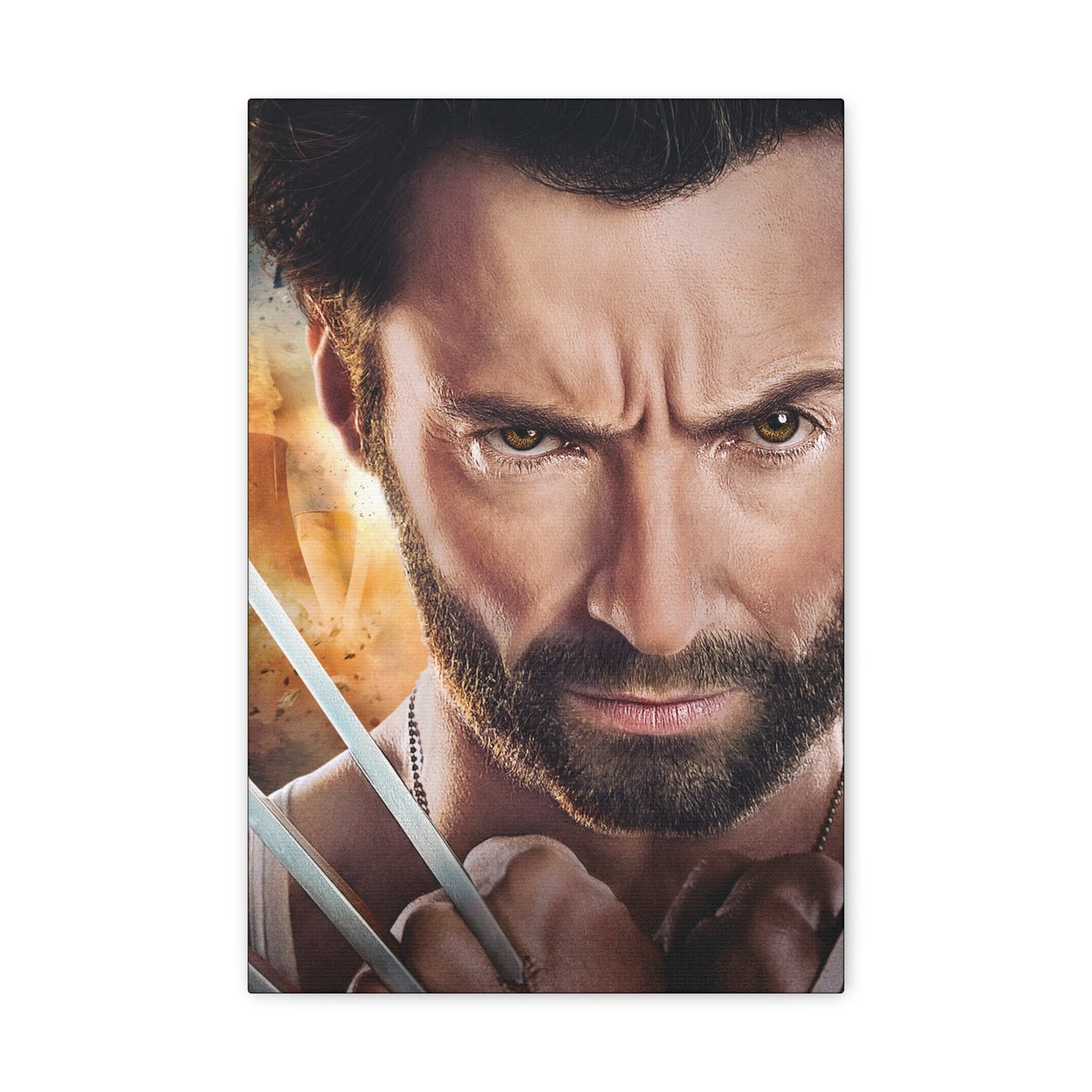 "Weapon X – Hugh Jackman Wolverine Claw Wall Art on canvas, acrylic, and metal – front view featuring Hugh Jackman as Wolverine with one claw extended in battle stance."