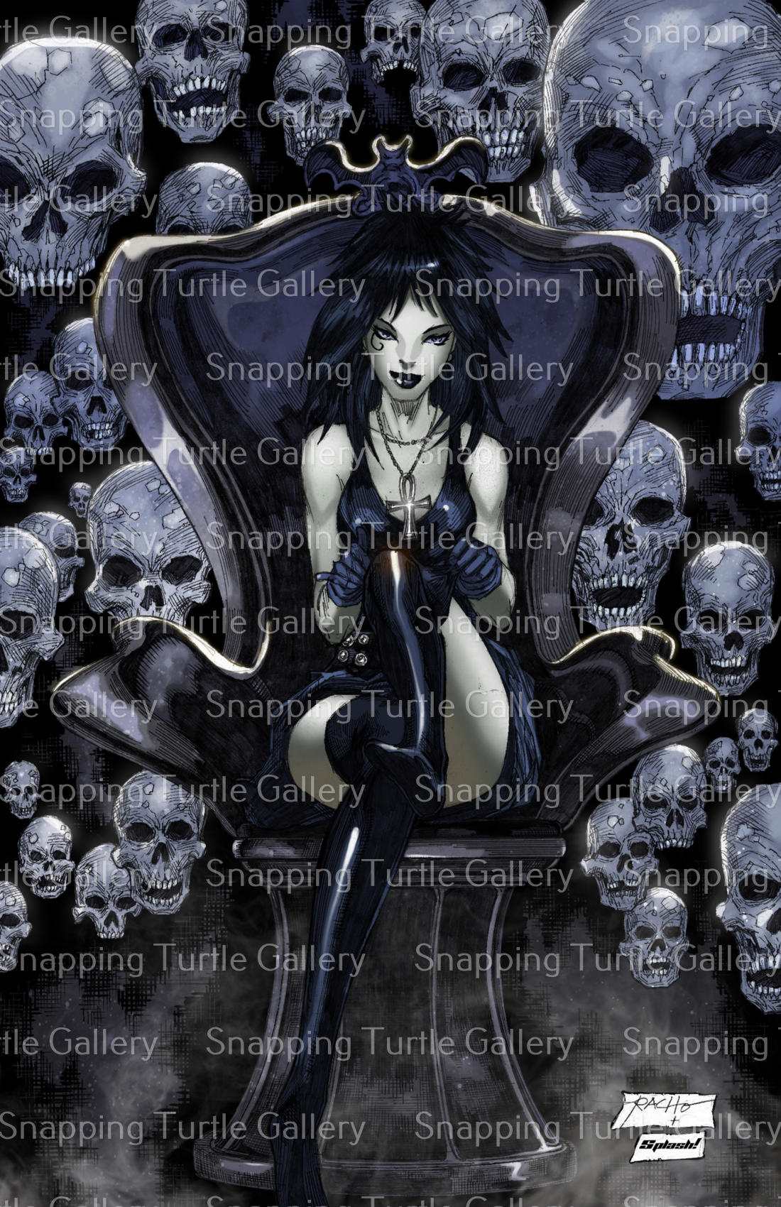 “Death Wall Art – Endless Grace on canvas, acrylic, or metal – goth comic icon with black hair, ankh, and quiet smile.”