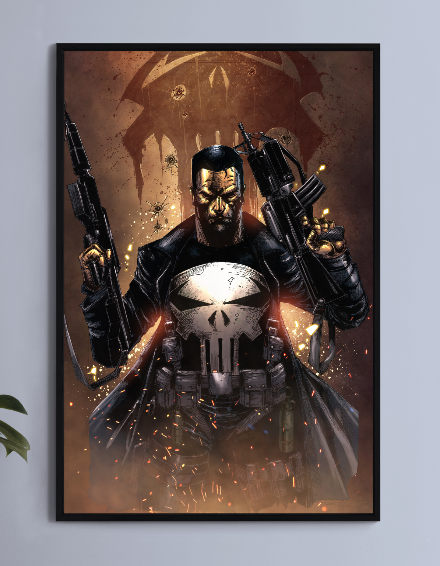 Poster print of Punisher with skull chest emblem and dual rifles in a bullet-ridden scene
