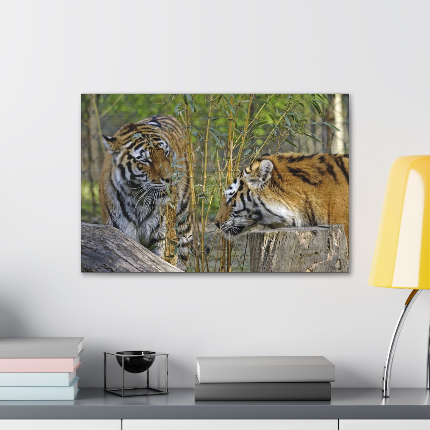 "Clash of Kings – Fighting Tigers Wall Art on canvas, acrylic, and metal – front view featuring two fierce tigers preparing to battle."