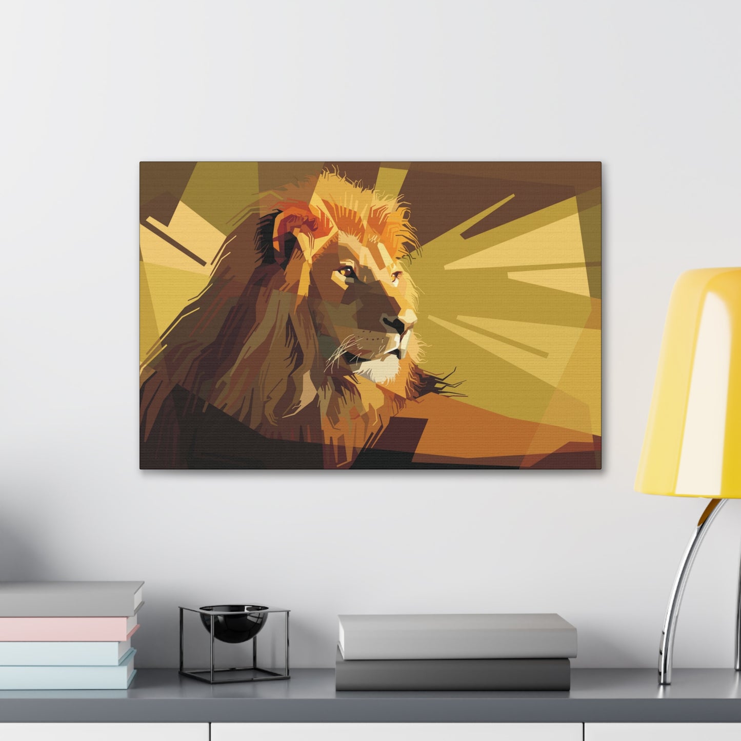 "Geometric Majesty – Yellow Abstract Lion Wall Art on canvas, acrylic, and metal – front view featuring a bold geometric lion design."