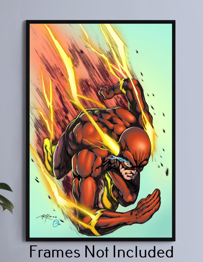 12x18 canvas print of red-suited comic speedster bursting with energy and motion