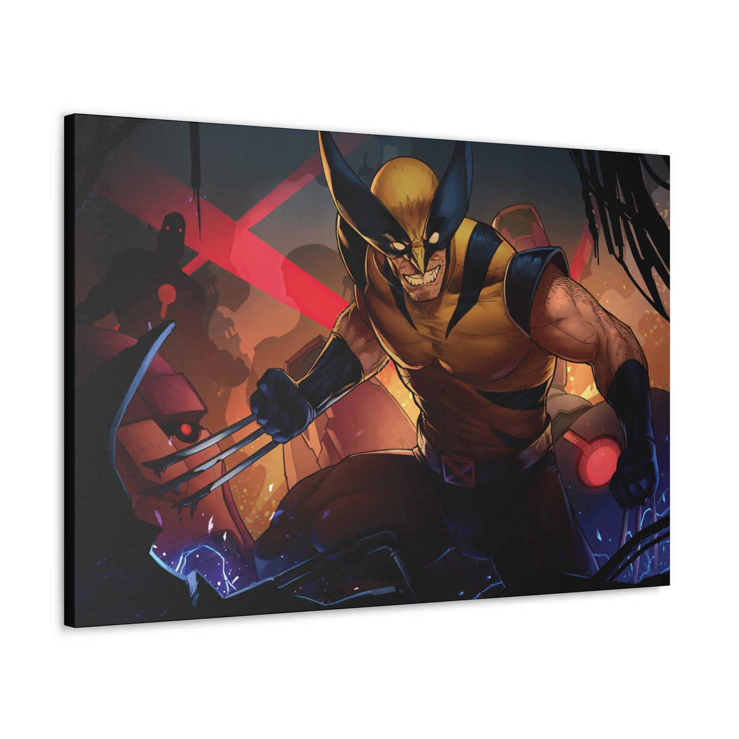 "Berserker Unleashed – Wolverine vs. Sentinels Wall Art on canvas, acrylic, and metal – front view featuring Wolverine battling a towering Sentinel in a dynamic combat pose."