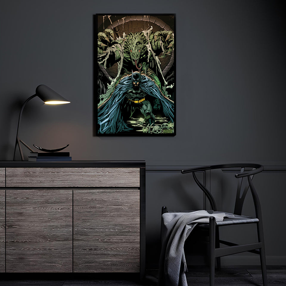 Angle/Detail: Acrylic version showing high-gloss depth of Croc and Batman action