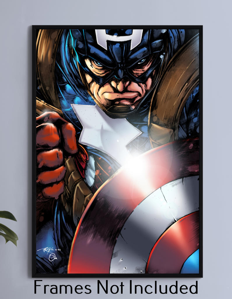 12x18 canvas of Captain America in a bold stance with glowing shield and fierce expression