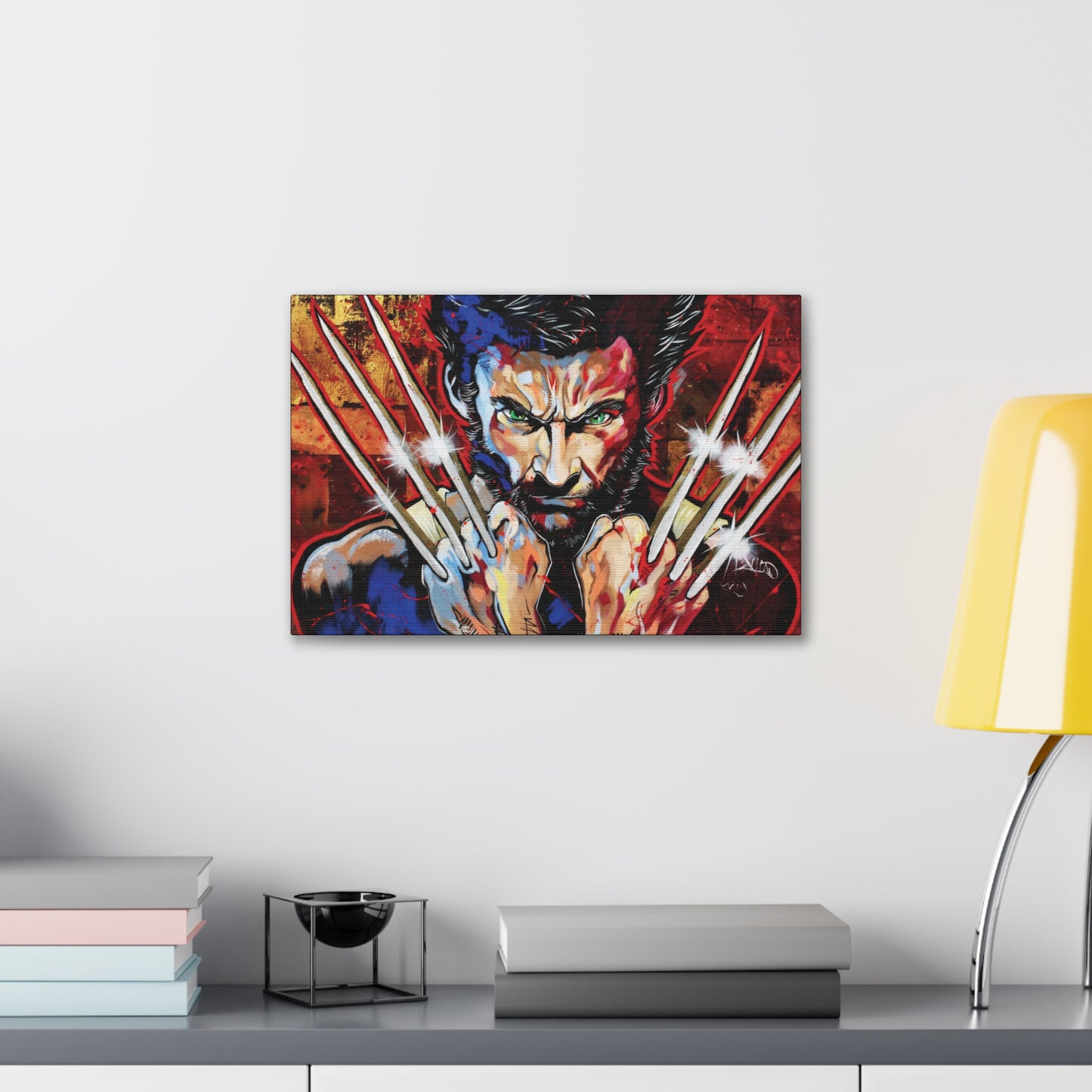 "Berserker Brilliance – Vibrant Wolverine Claws Out Wall Art on canvas, acrylic, and metal – front view featuring Wolverine in a dynamic, colorful stance."