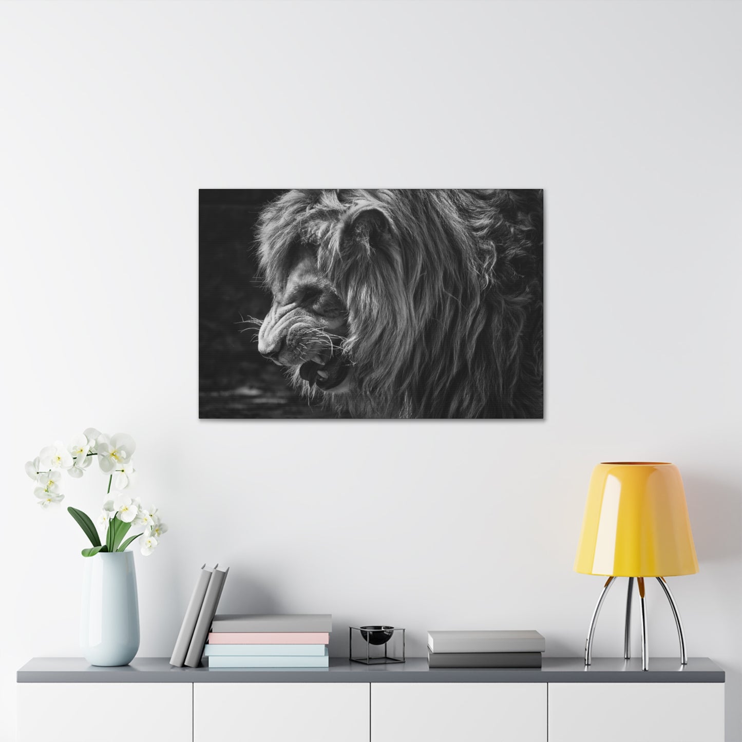 "Fierce Dominion – Snarling Lion Wall Art on canvas, acrylic, and metal – front view featuring a roaring lion with intense eyes and sharp fangs."
