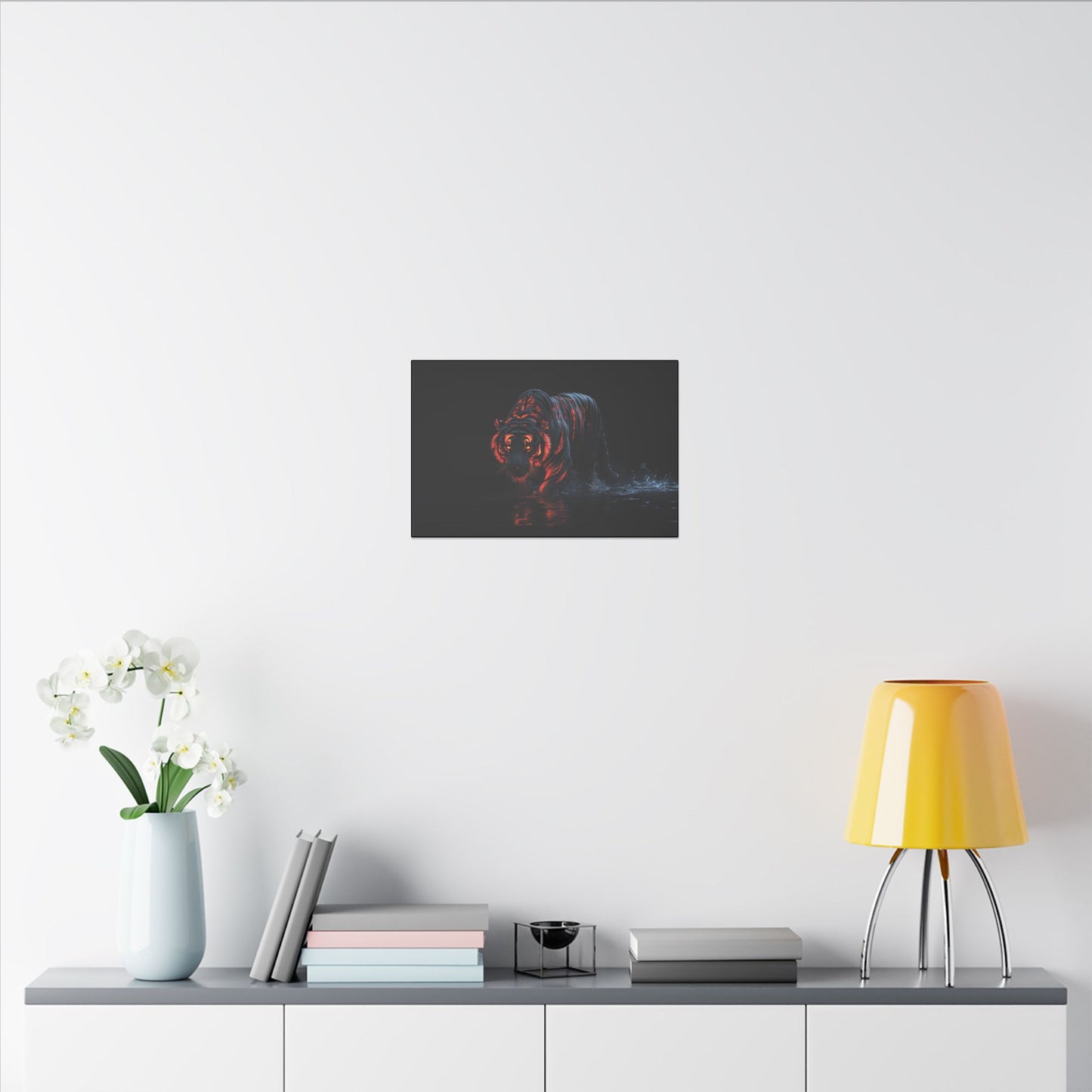 "Tiger with Glowing Red Stripes Wall Art on premium canvas, acrylic, and metal – front view featuring a majestic tiger with vibrant red stripes"