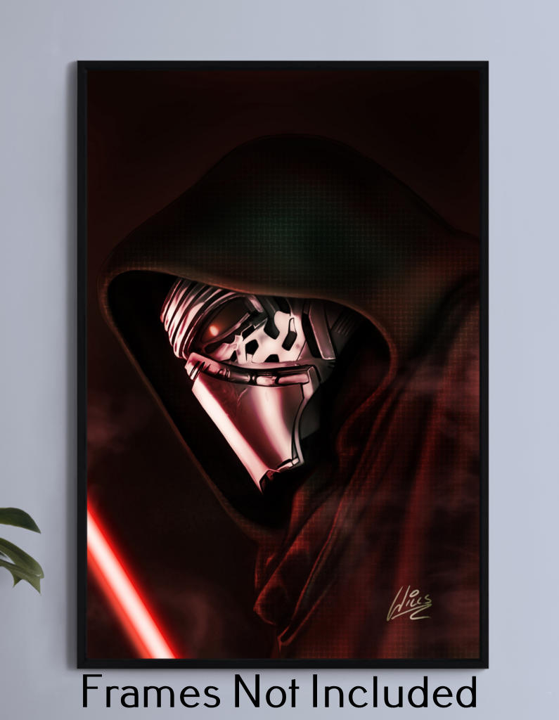 "Dark Heir – Kylo Ren Portrait Wall Art on canvas, acrylic, and metal – close-up headshot of Kylo Ren with damaged mask and intense gaze."