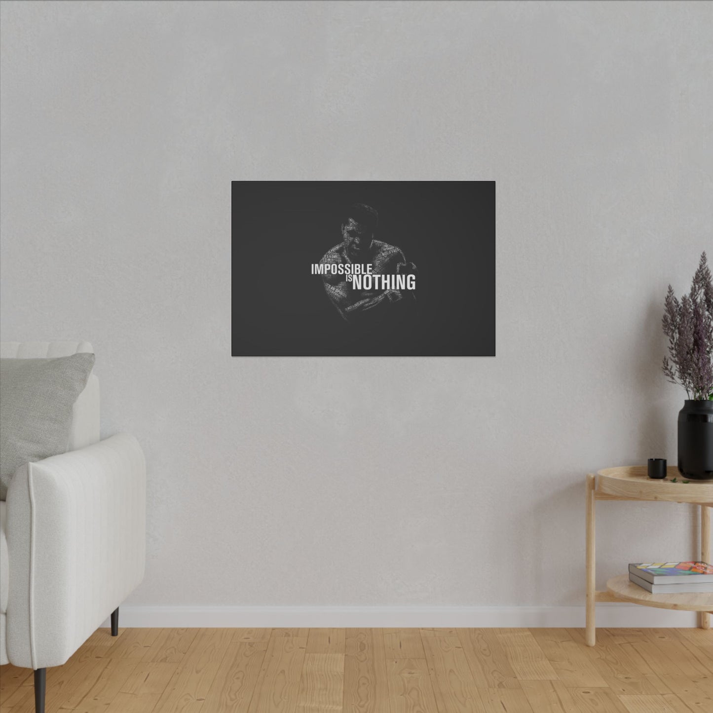 "Impossible Is Nothing Wall Art on premium canvas, acrylic, and metal – front view featuring bold inspirational typography"
