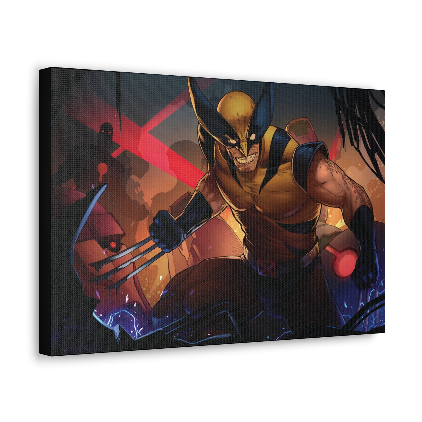 "Berserker Unleashed – Wolverine vs. Sentinels Wall Art on canvas, acrylic, and metal – front view featuring Wolverine battling a towering Sentinel in a dynamic combat pose."