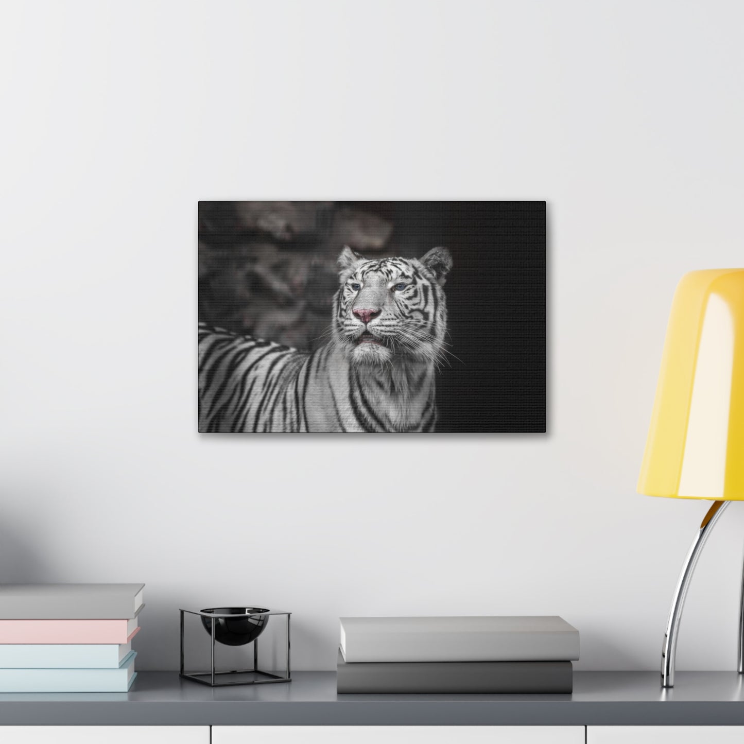 Embrace the mystique of Ghost Stripes, a black and white white tiger wall print. Available on canvas, acrylic & metal. Shop now at STG Collection!