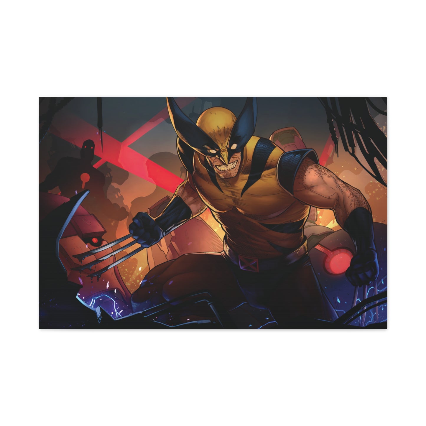 "Berserker Unleashed – Wolverine vs. Sentinels Wall Art on canvas, acrylic, and metal – front view featuring Wolverine battling a towering Sentinel in a dynamic combat pose."