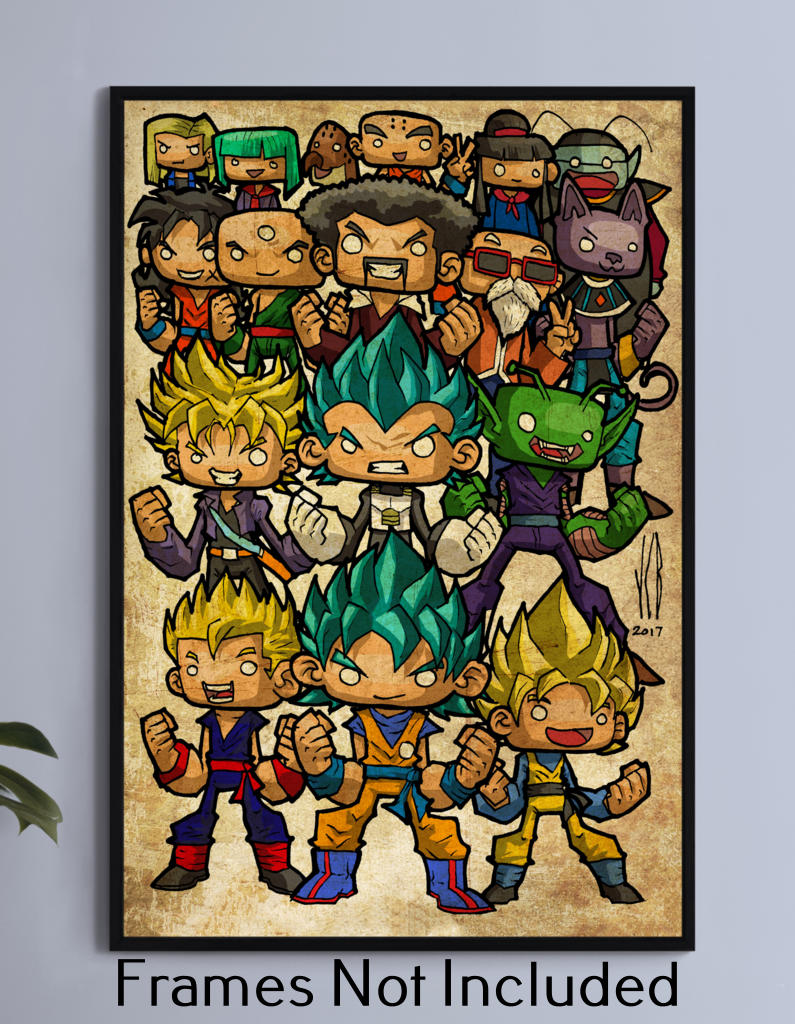 Chibi Dragon Ball Super cast print with 18 characters – 11x17 wall art