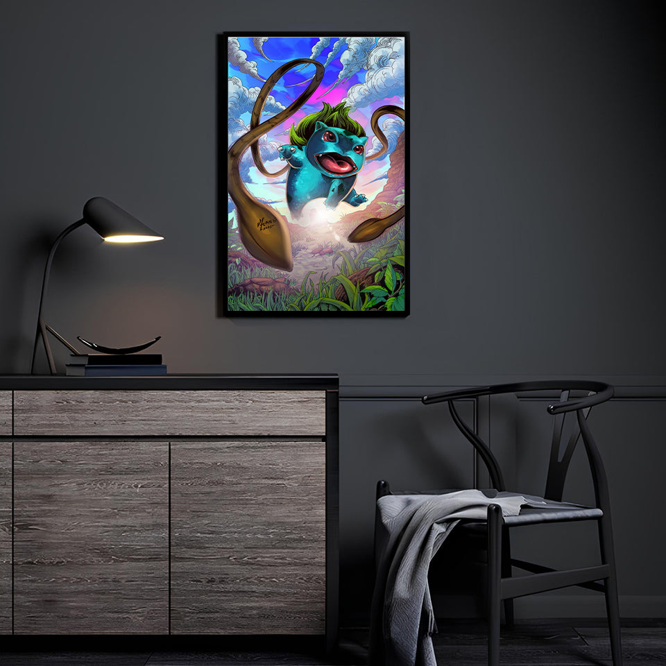 Bulbasaur charging through jungle in bright vine-filled scene, 11x17 Pokémon art