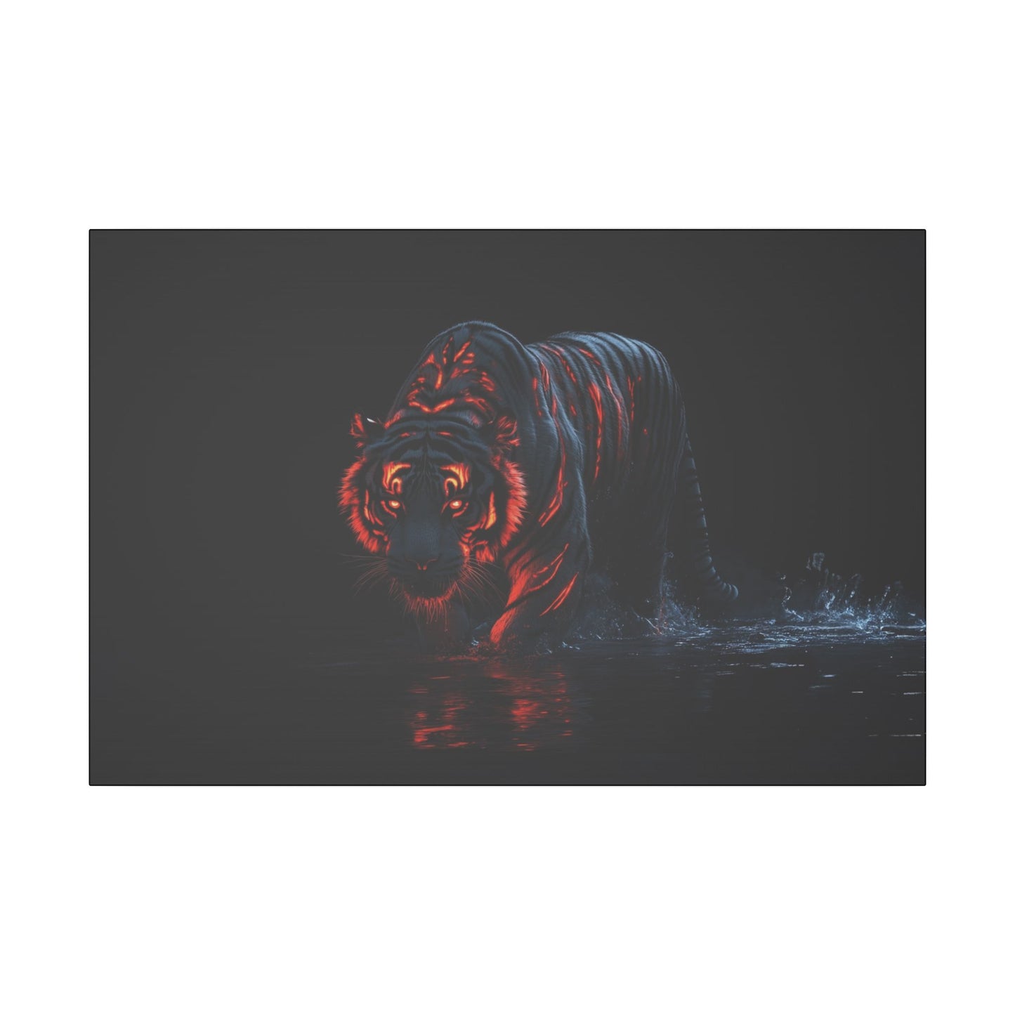 "Tiger with Glowing Red Stripes Wall Art on premium canvas, acrylic, and metal – front view featuring a majestic tiger with vibrant red stripes"