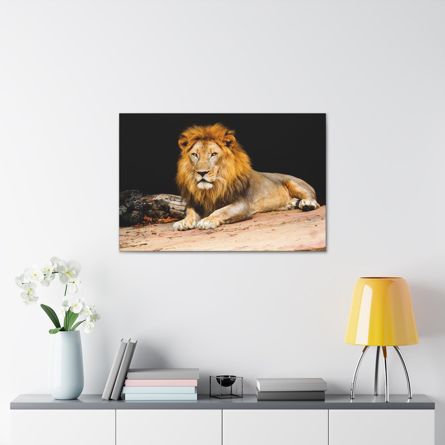 "Desert King – Lion Resting on Sandy Patch Wall Art on canvas, acrylic, and metal – front view featuring a relaxed lion lying on warm sand."