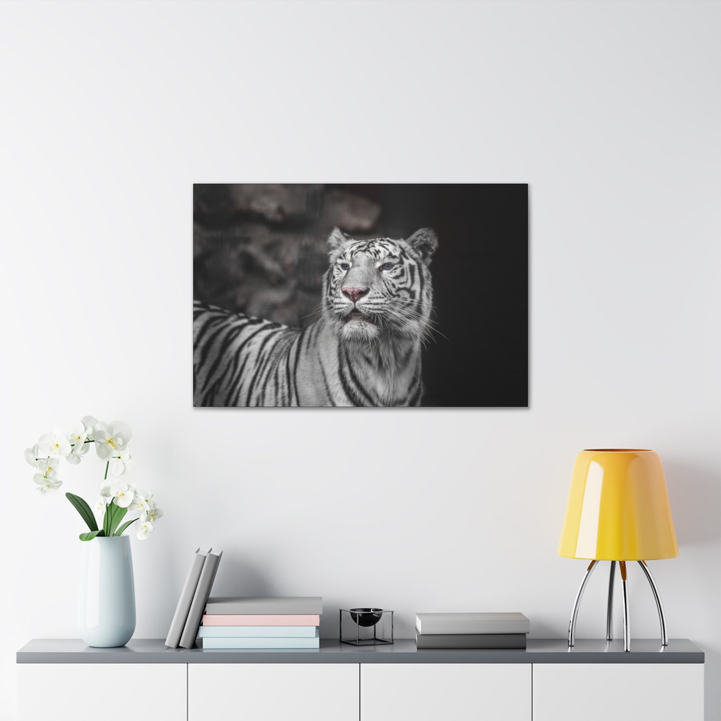 Embrace the mystique of Ghost Stripes, a black and white white tiger wall print. Available on canvas, acrylic & metal. Shop now at STG Collection!