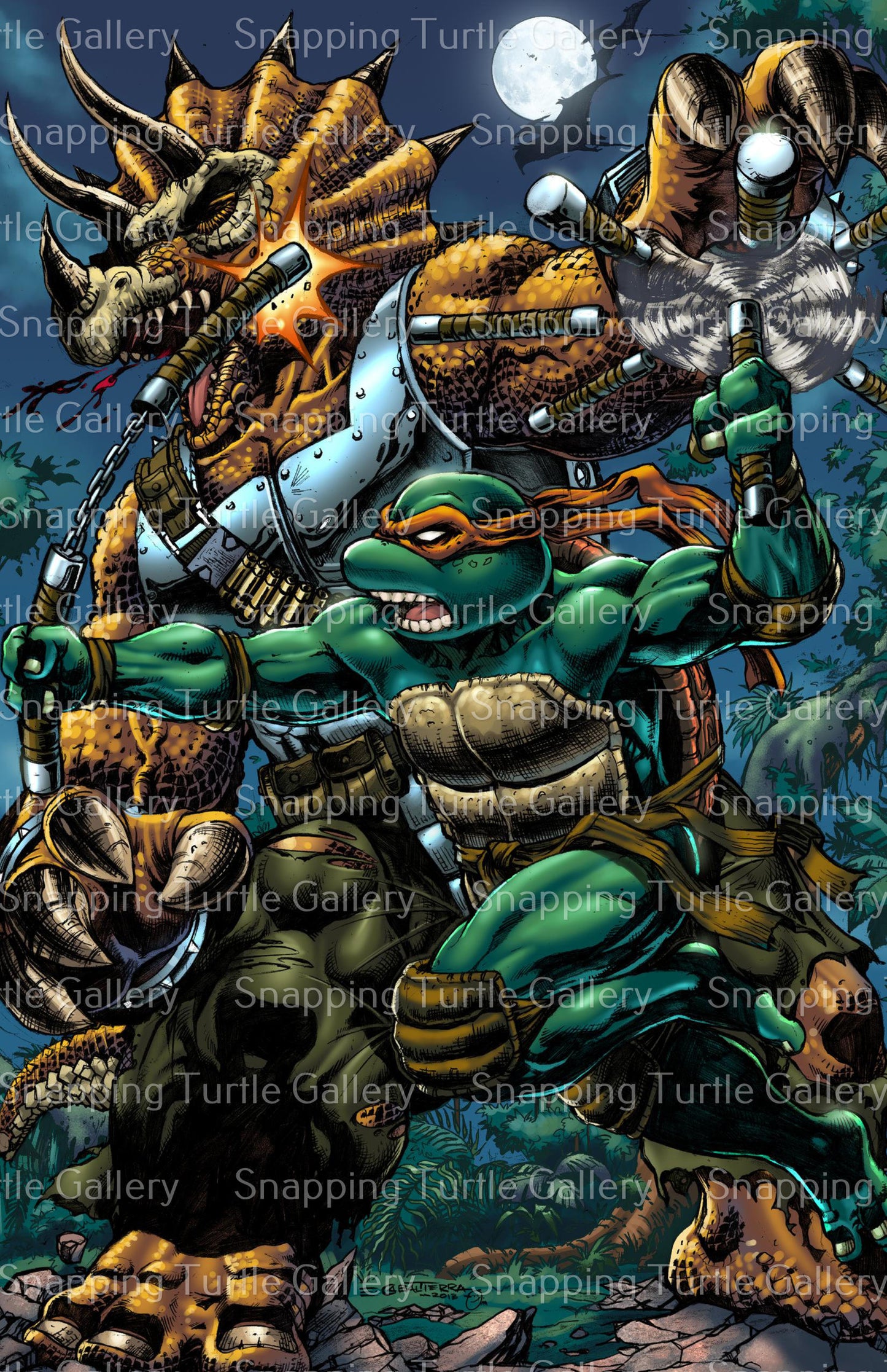Shell Shock Clash Wall Art Poster Print – Michelangelo vs. Triceraton by Emil Cabaltierra