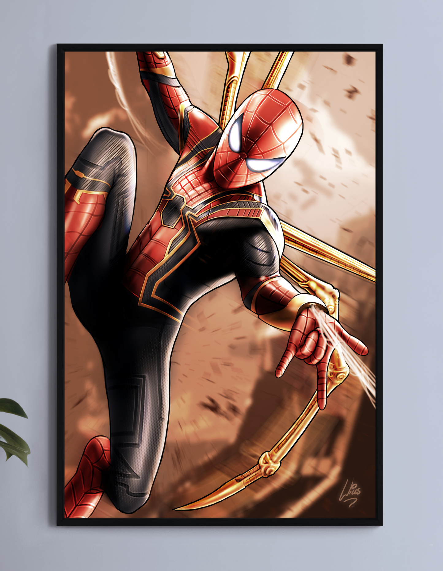 "Iron Instinct – Iron Spider-Man Wall Art on canvas, acrylic, and metal – Iron Spider suit from Avengers in an action-ready pose."