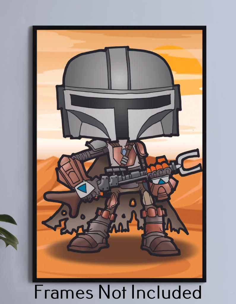 Acrylic cartoon print of The Mandalorian in helmet and cartoon armor, desert backdrop