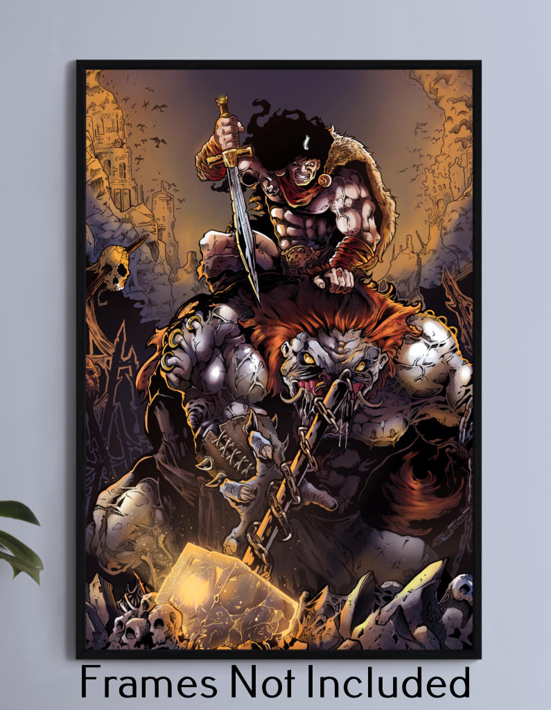 "Warlord’s Fury – Conan the Barbarian Wall Art on canvas, acrylic, and metal – front view featuring Conan in a powerful warrior stance, sword in hand."