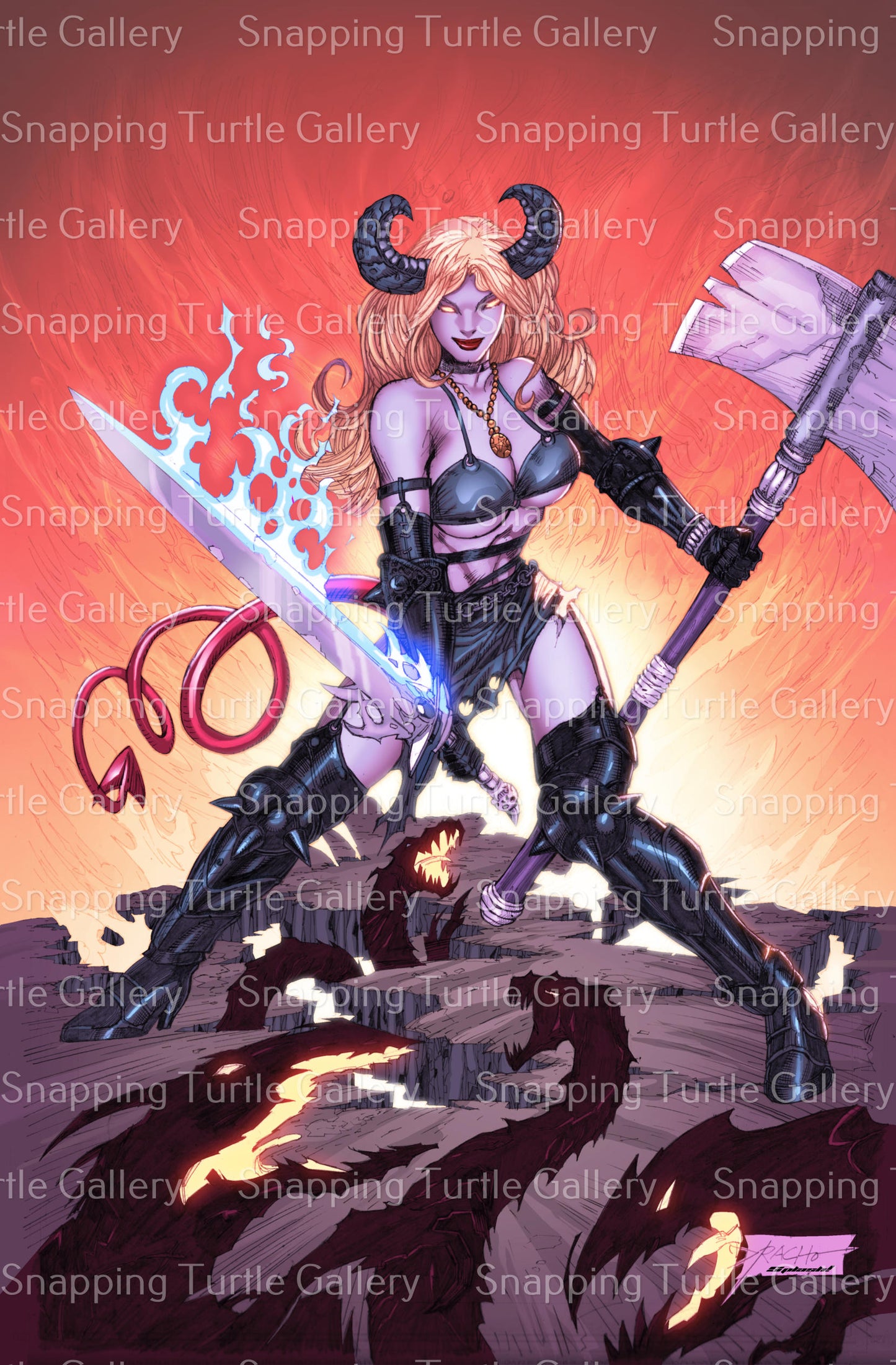 "Soul Cleaver – Magik Wall Art on canvas, acrylic, and metal – Magik wielding her mystical axe surrounded by magical energy."