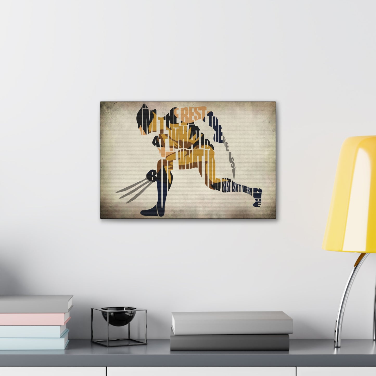 "Wordsmith Warrior – Wolverine Typography Art on canvas, acrylic, and metal – front view featuring Wolverine’s silhouette created entirely from his iconic catchphrase."