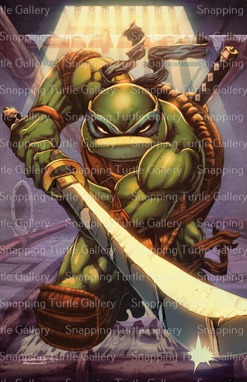 "Katana Code – Leonardo Wall Art on canvas, acrylic, and metal – Leonardo in blue mask with twin katanas in ninja stance."