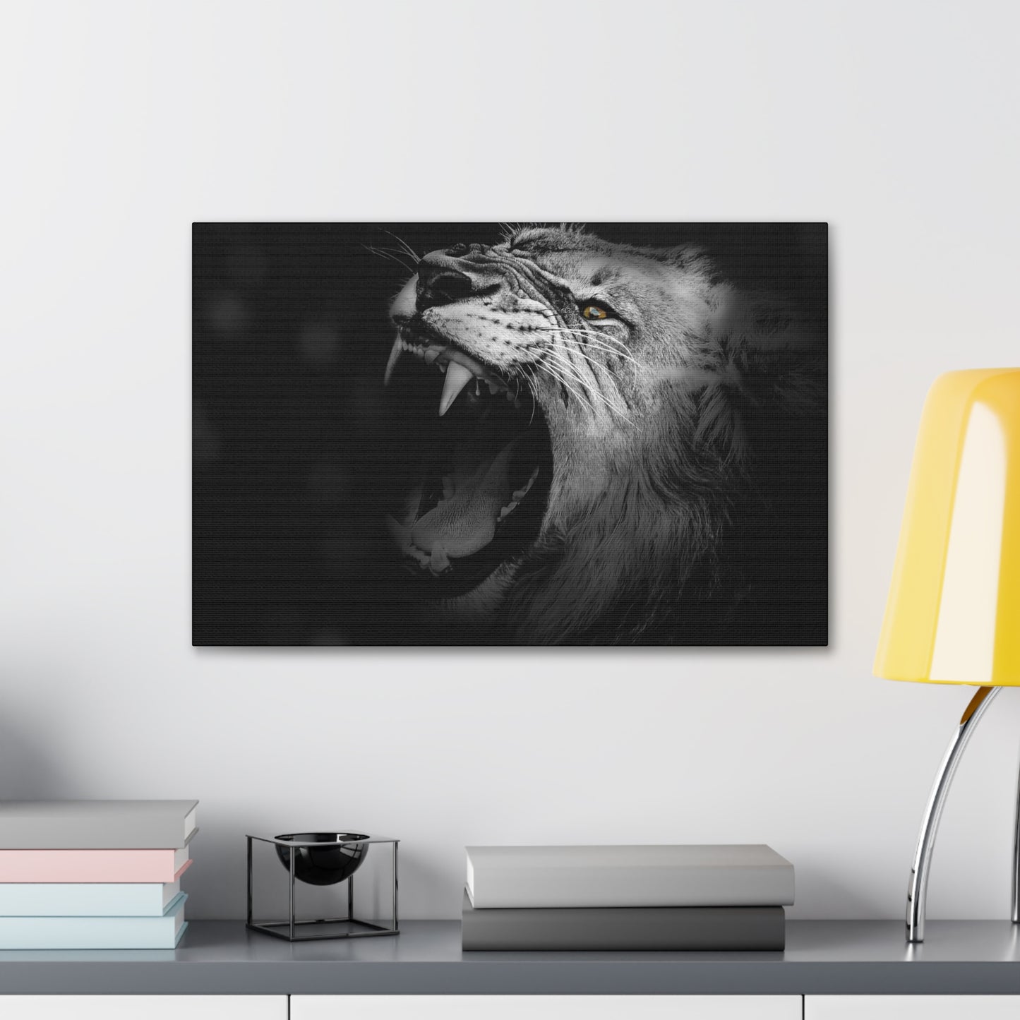 Roaring Legacy – Black and White Lion Wall Art on canvas, acrylic, and metal – front view featuring a fierce lion mid-roar in dramatic monochrome contrast.