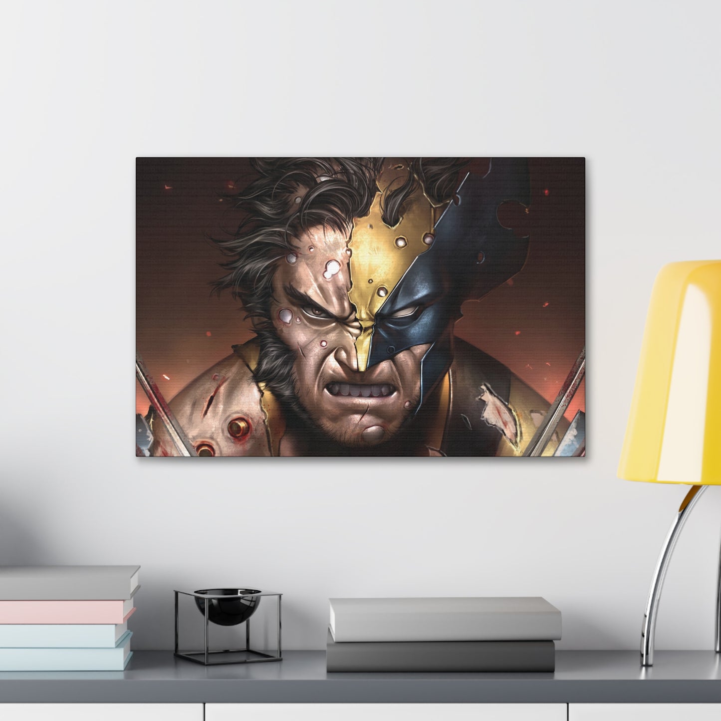 "Unbreakable Rage – Battle-Damaged Wolverine Wall Art on canvas, acrylic, and metal – front view featuring Wolverine in a torn costume, claws extended in fury."