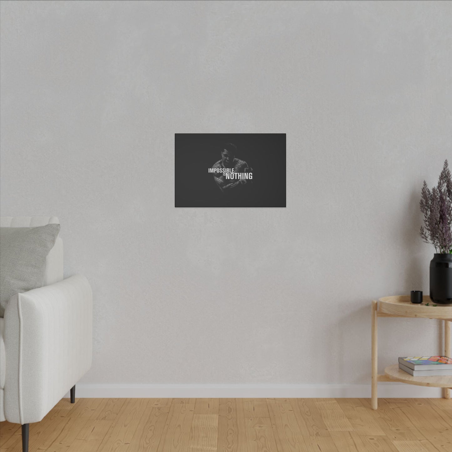 "Impossible Is Nothing Wall Art on premium canvas, acrylic, and metal – front view featuring bold inspirational typography"