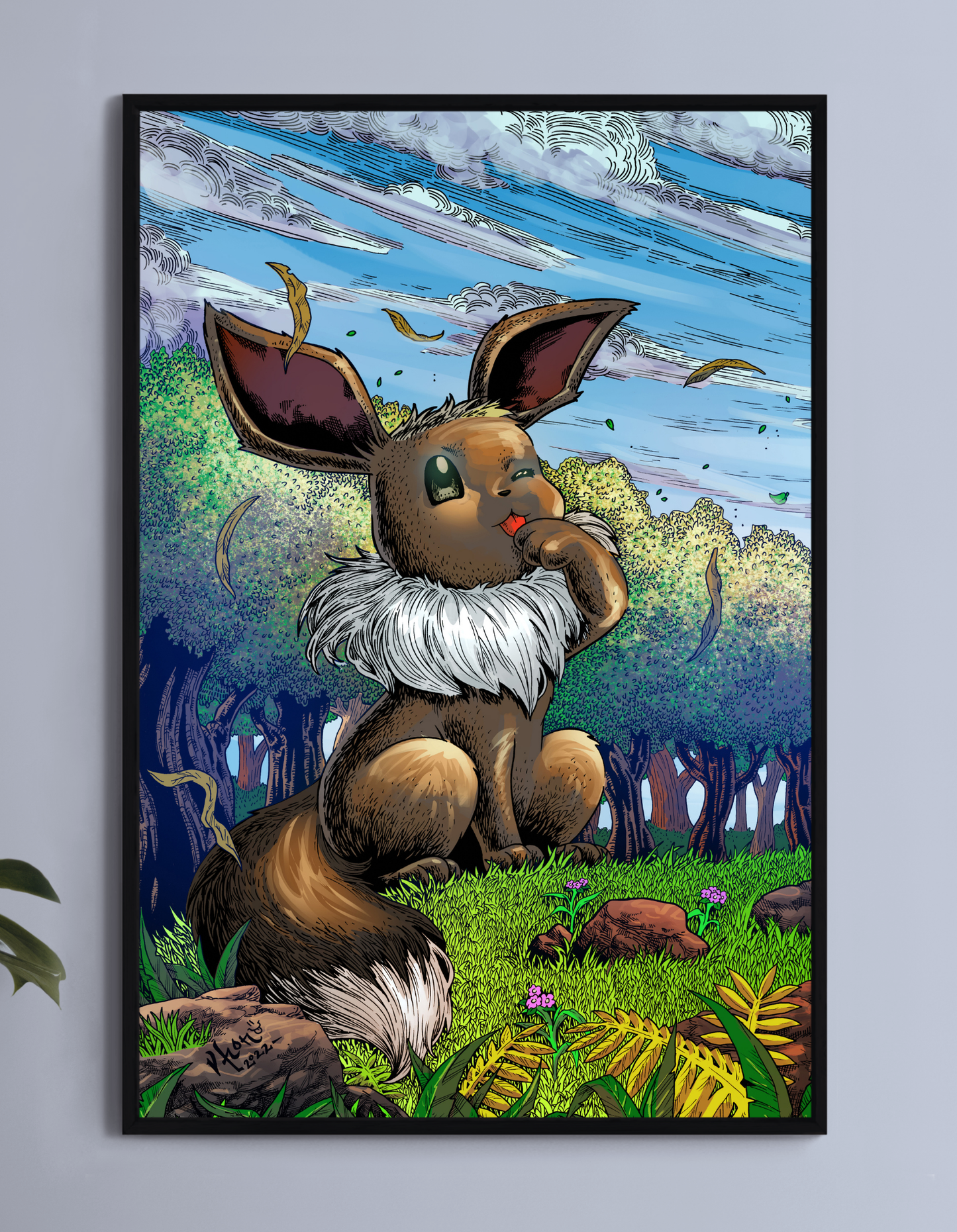 Eevee Pokémon wall art in forest setting, 11x17 fine art print