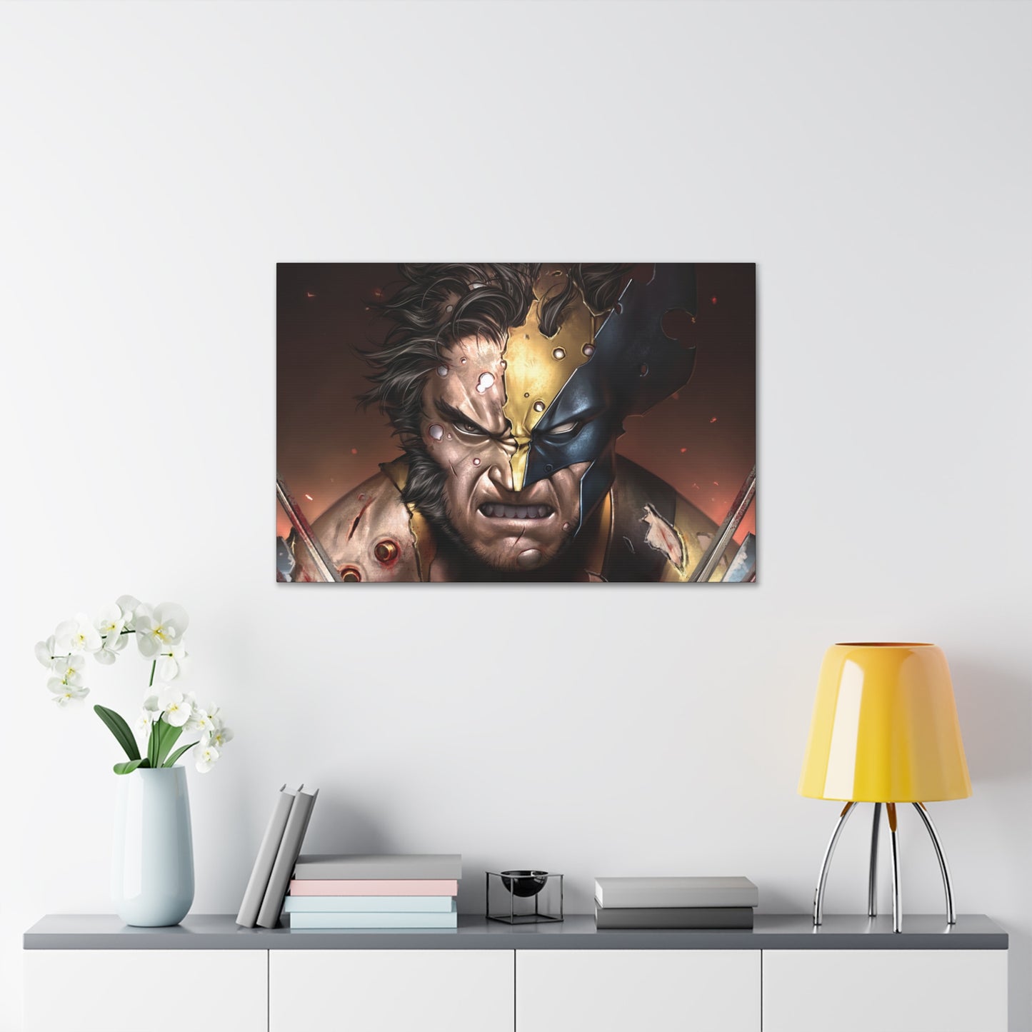 "Unbreakable Rage – Battle-Damaged Wolverine Wall Art on canvas, acrylic, and metal – front view featuring Wolverine in a torn costume, claws extended in fury."