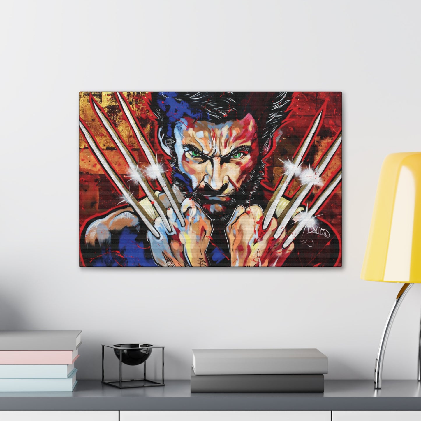 "Berserker Brilliance – Vibrant Wolverine Claws Out Wall Art on canvas, acrylic, and metal – front view featuring Wolverine in a dynamic, colorful stance."