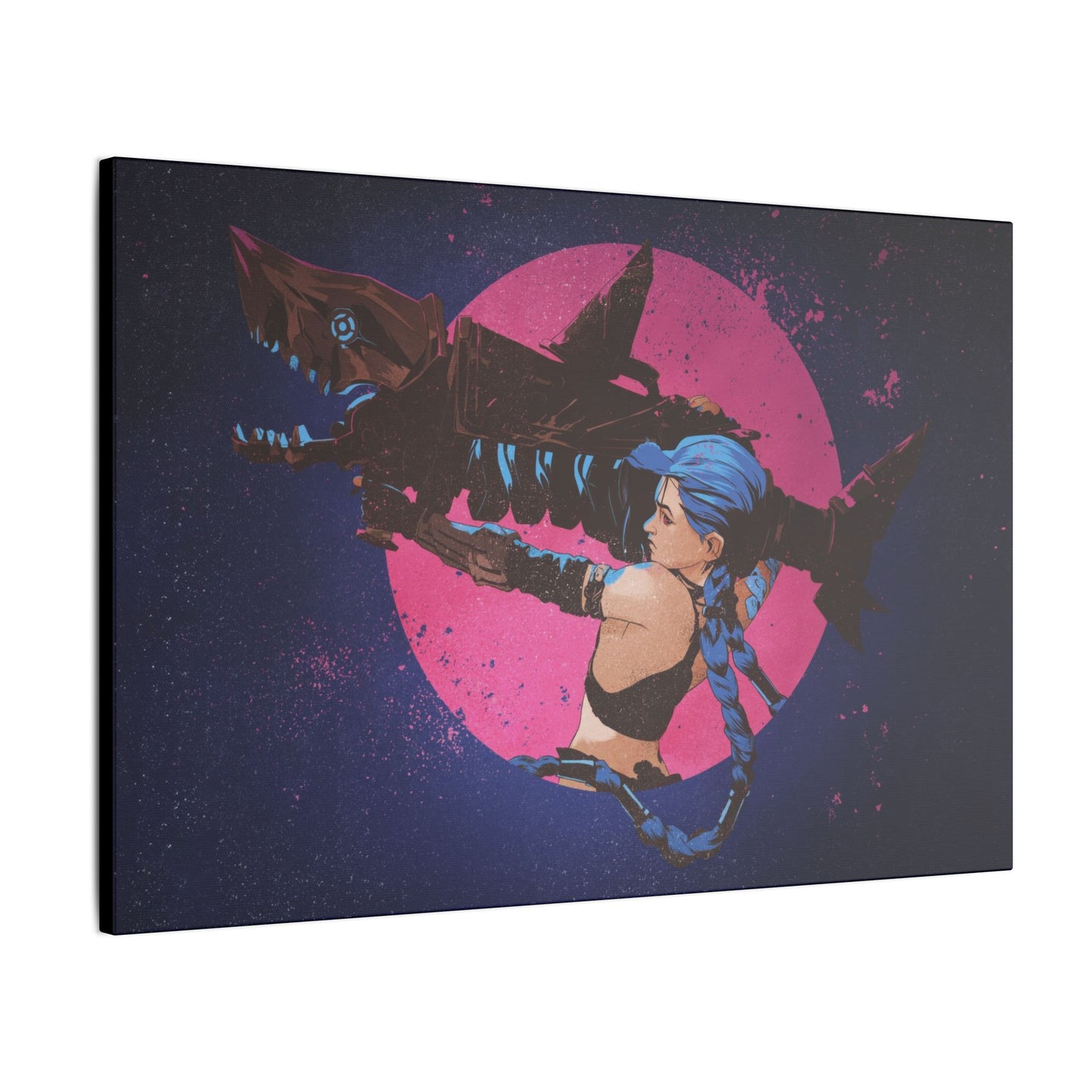 "Jinx from Arcane Wall Art on premium canvas, acrylic, and metal – front view featuring the edgy character Jinx"