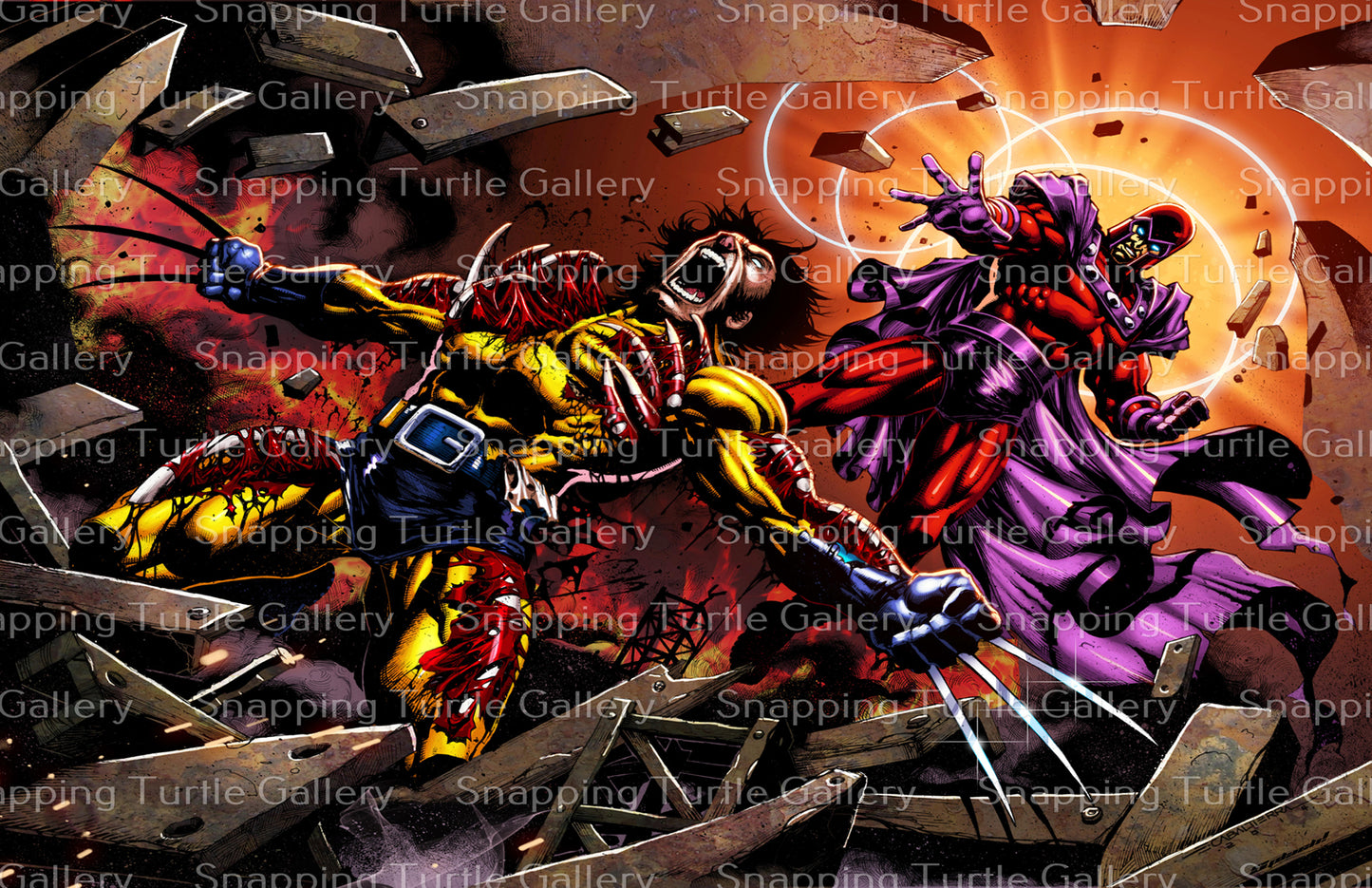 "Metal Ripped – Magneto vs Wolverine Wall Art on canvas, acrylic, and metal – Magneto pulling adamantium from Wolverine’s body mid-battle."
