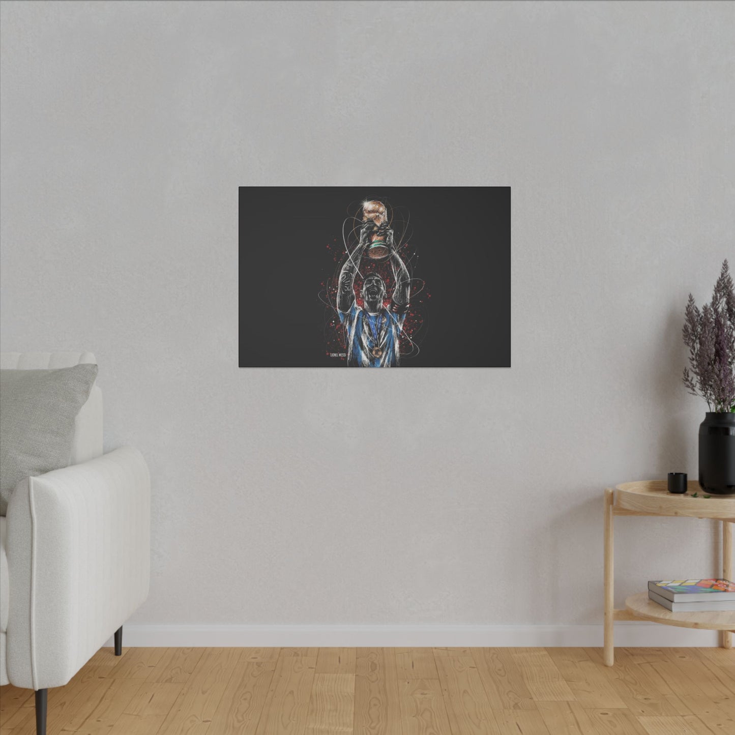 "Lionel Messi Wall Art on premium canvas, acrylic, and metal – front view featuring iconic football legend Lionel Messi"