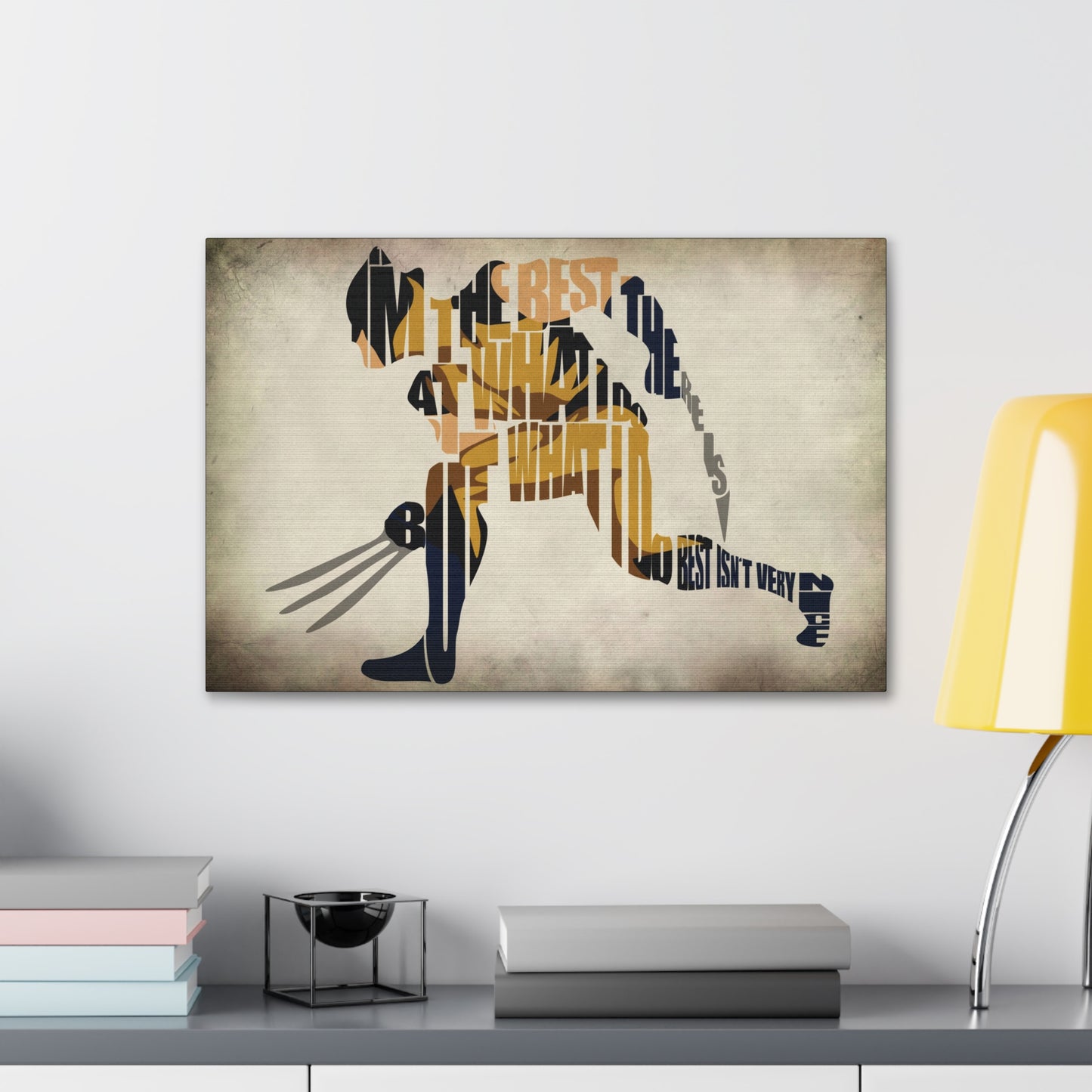 "Wordsmith Warrior – Wolverine Typography Art on canvas, acrylic, and metal – front view featuring Wolverine’s silhouette created entirely from his iconic catchphrase."