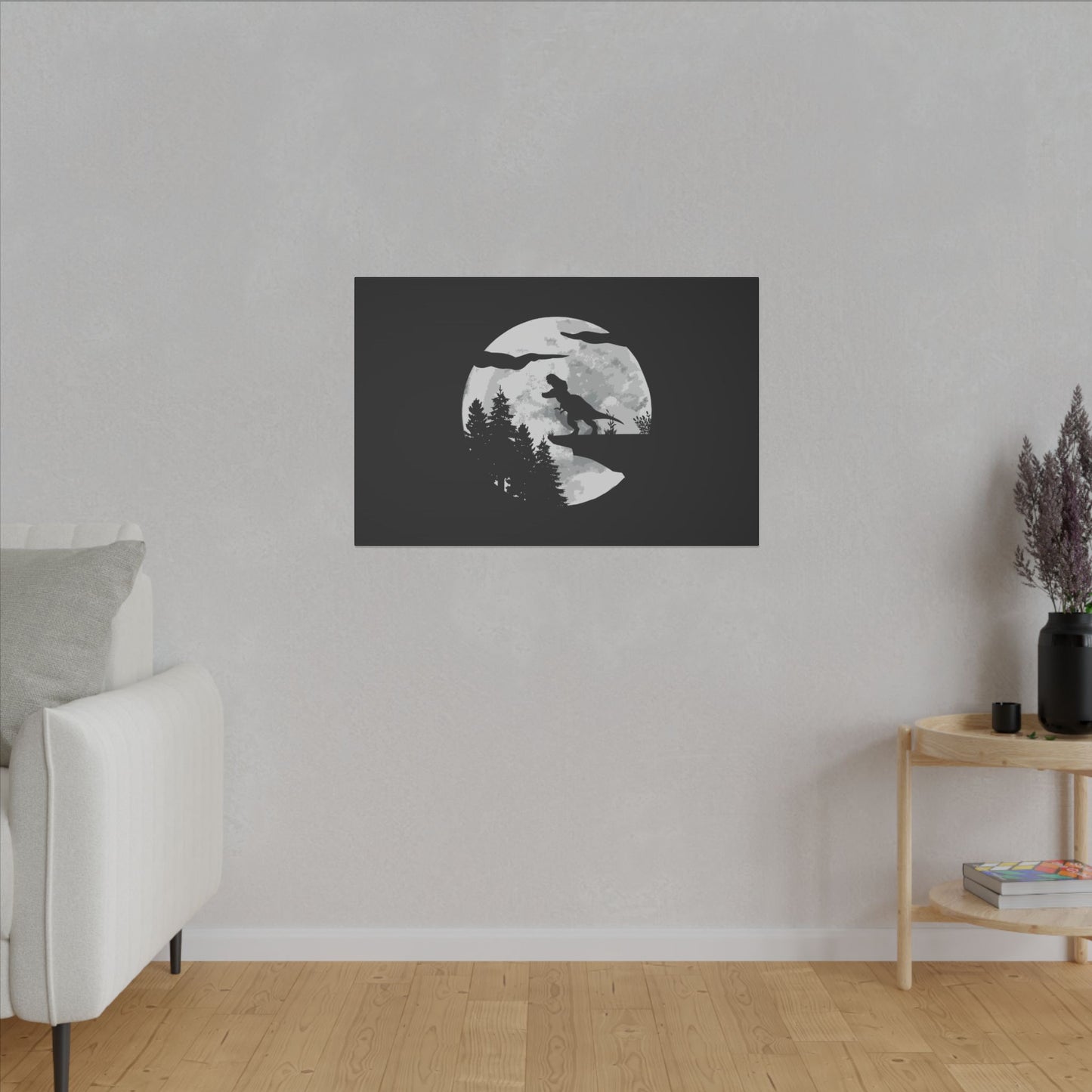 "T-Rex Silhouette Wall Art on premium canvas, acrylic, and metal – front view featuring a bold T-Rex silhouette"