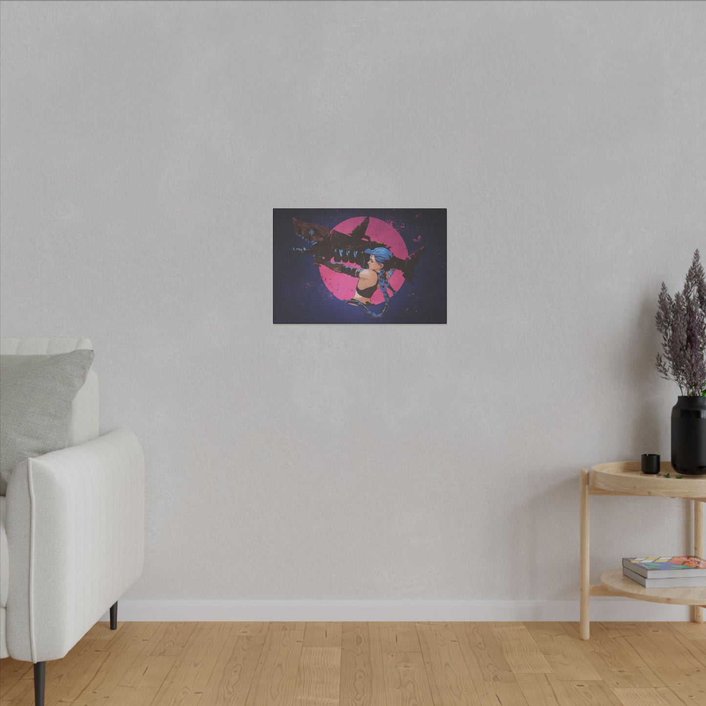 "Jinx from Arcane Wall Art on premium canvas, acrylic, and metal – front view featuring the edgy character Jinx"