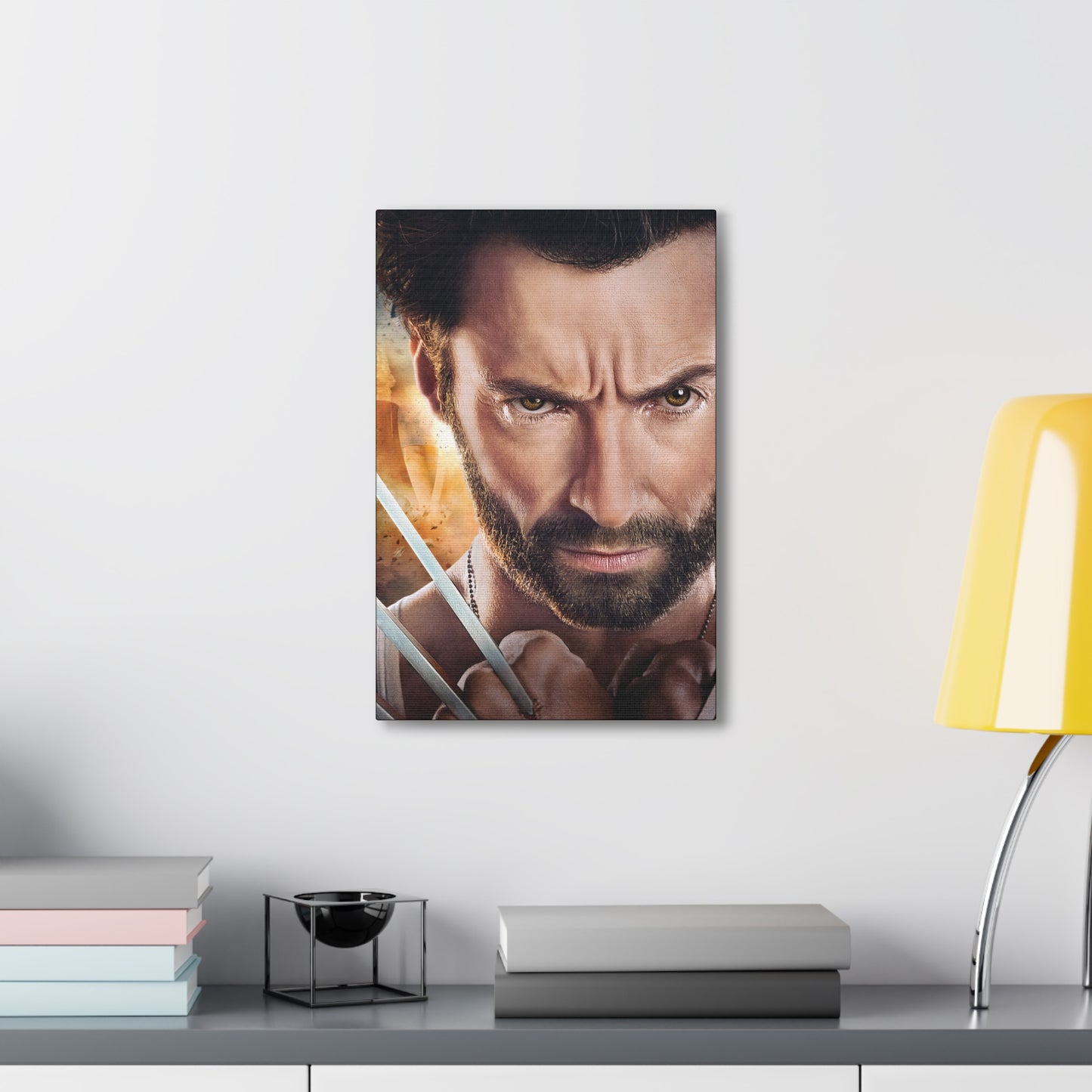 "Weapon X – Hugh Jackman Wolverine Claw Wall Art on canvas, acrylic, and metal – front view featuring Hugh Jackman as Wolverine with one claw extended in battle stance."