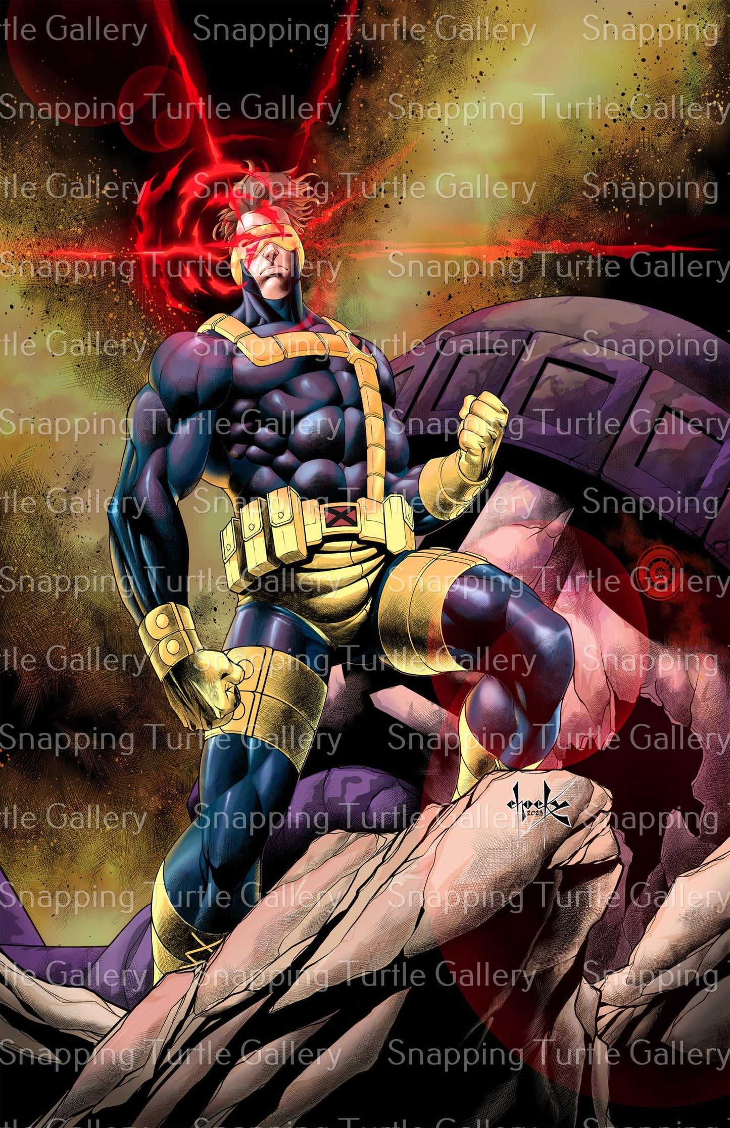 Optic Overload – Cyclops Destroys Sentinel Wall Art on canvas, acrylic, and metal – front view showing Cyclops firing his optic blast at a Sentinel.