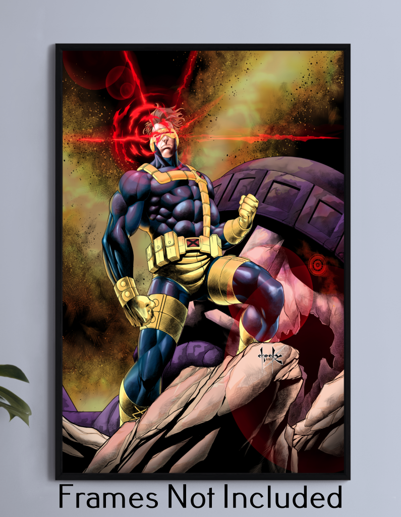 Optic Overload – Cyclops Destroys Sentinel Wall Art on canvas, acrylic, and metal – front view showing Cyclops firing his optic blast at a Sentinel.