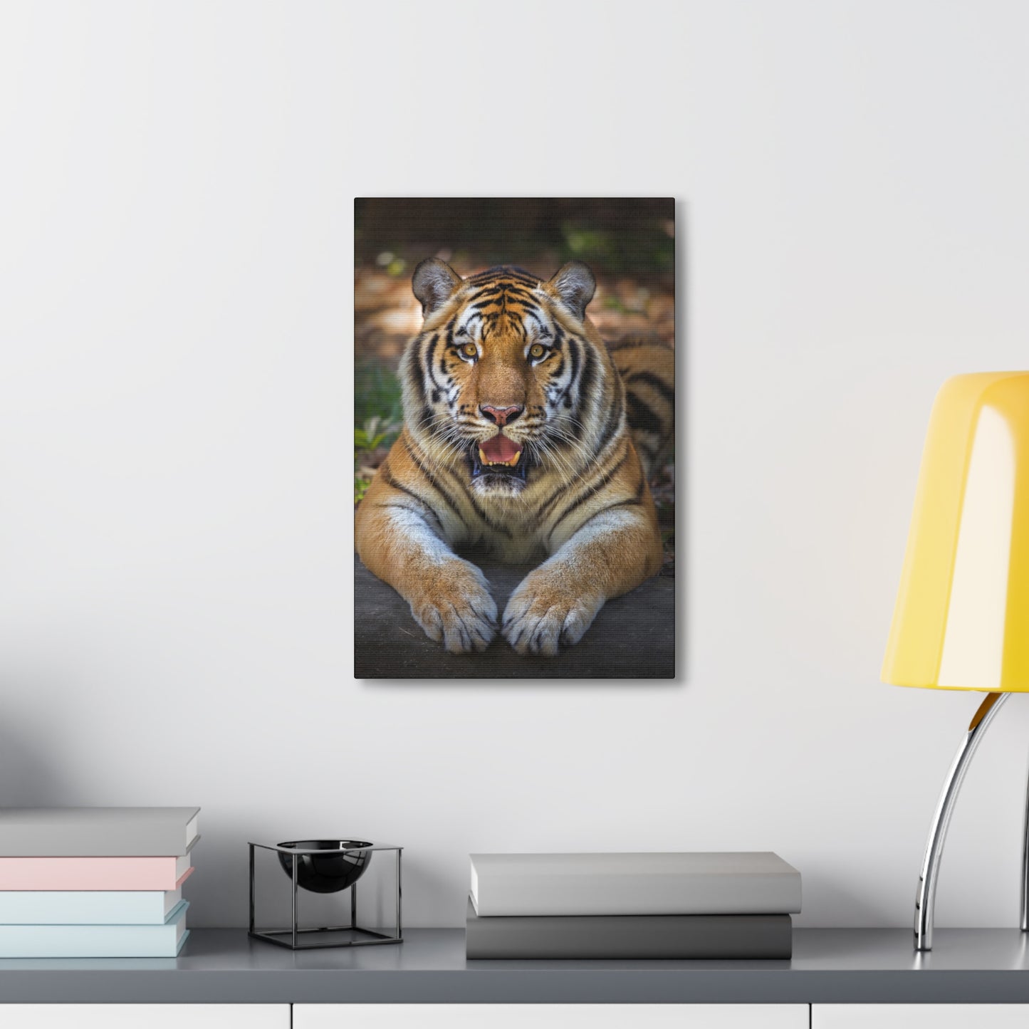 "Wild Resilience – Panting Tiger Wall Art on canvas, acrylic, and metal – front view featuring a fierce tiger mid-pant with intense eyes."